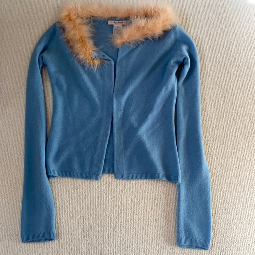 RARE Free People Blue Cardigan with Fur Collar
